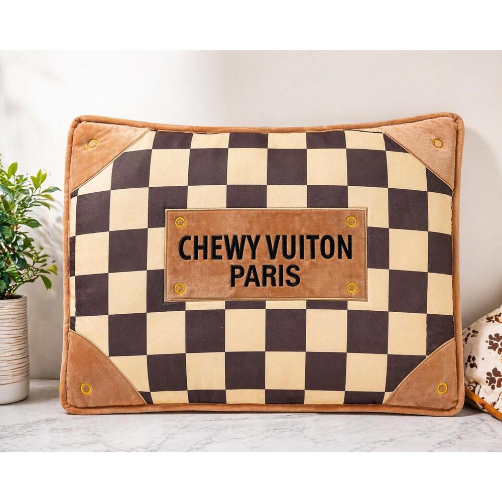NEW HAUTE DIGGITY DOG checker chewy vuiton bed in tan